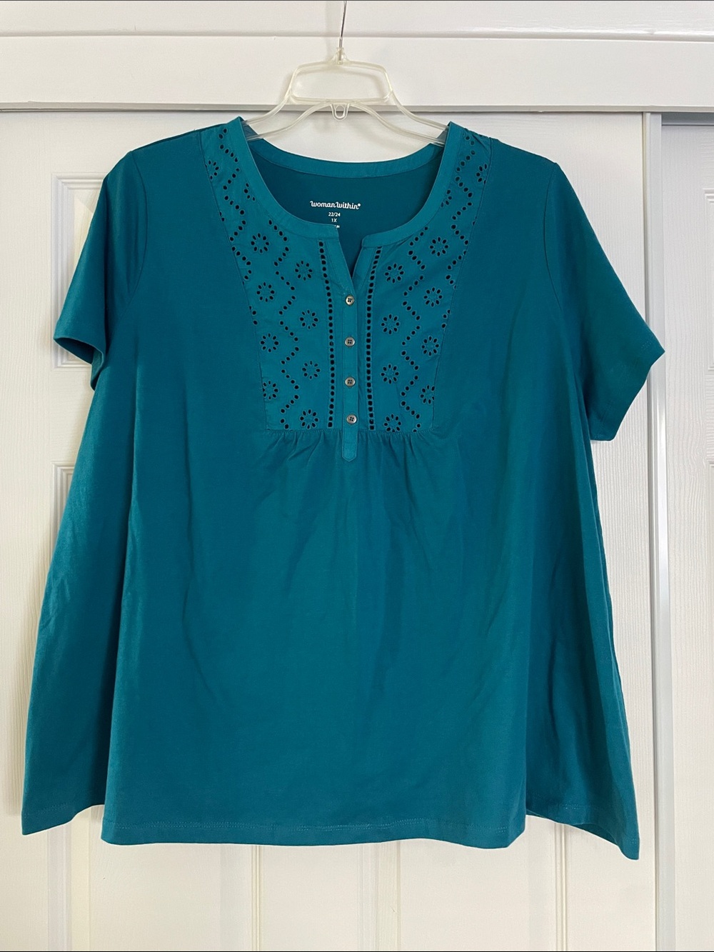 Woman Within Teal Eyelet Henley Short Sleeve Top